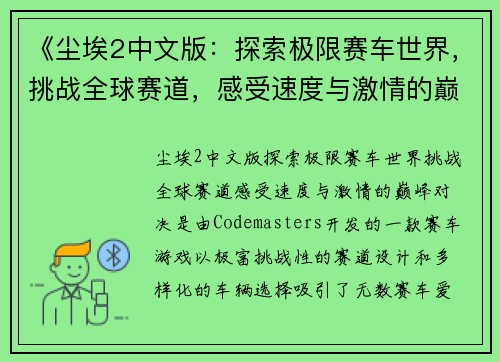 《尘埃2中文版：探索极限赛车世界，挑战全球赛道，感受速度与激情的巅峰对决》