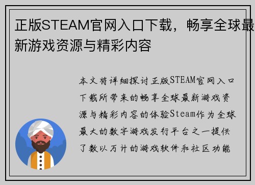 正版STEAM官网入口下载，畅享全球最新游戏资源与精彩内容